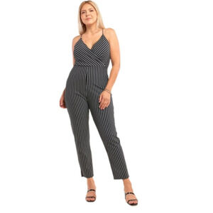 Trac Black and White Striped Sleeveless Jumpsuit Size L